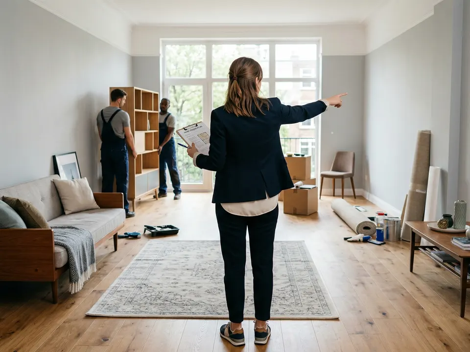 Projektleiterin mit Klemmbrett gibt zwei Monteuren beim Einrichten einer Wohnung Anweisungen